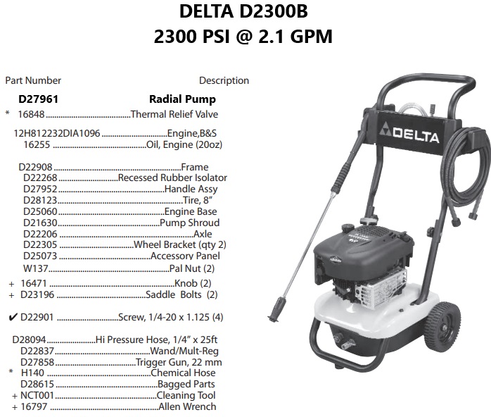 DELTA power washer D2300B repair parts